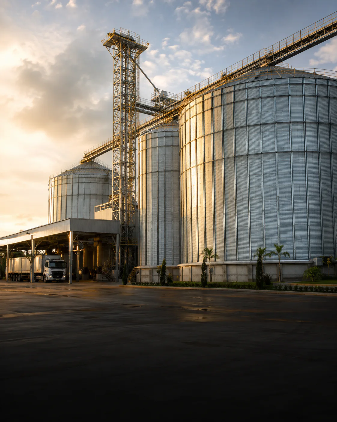 Silos metálicos de uma unidade moderna de armazenagem de grãos