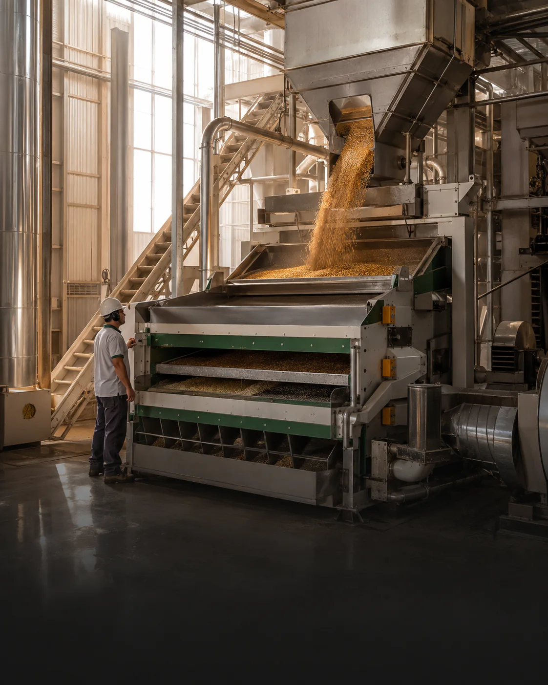 Equipamento industrial realizando a limpeza e separação dos grãos