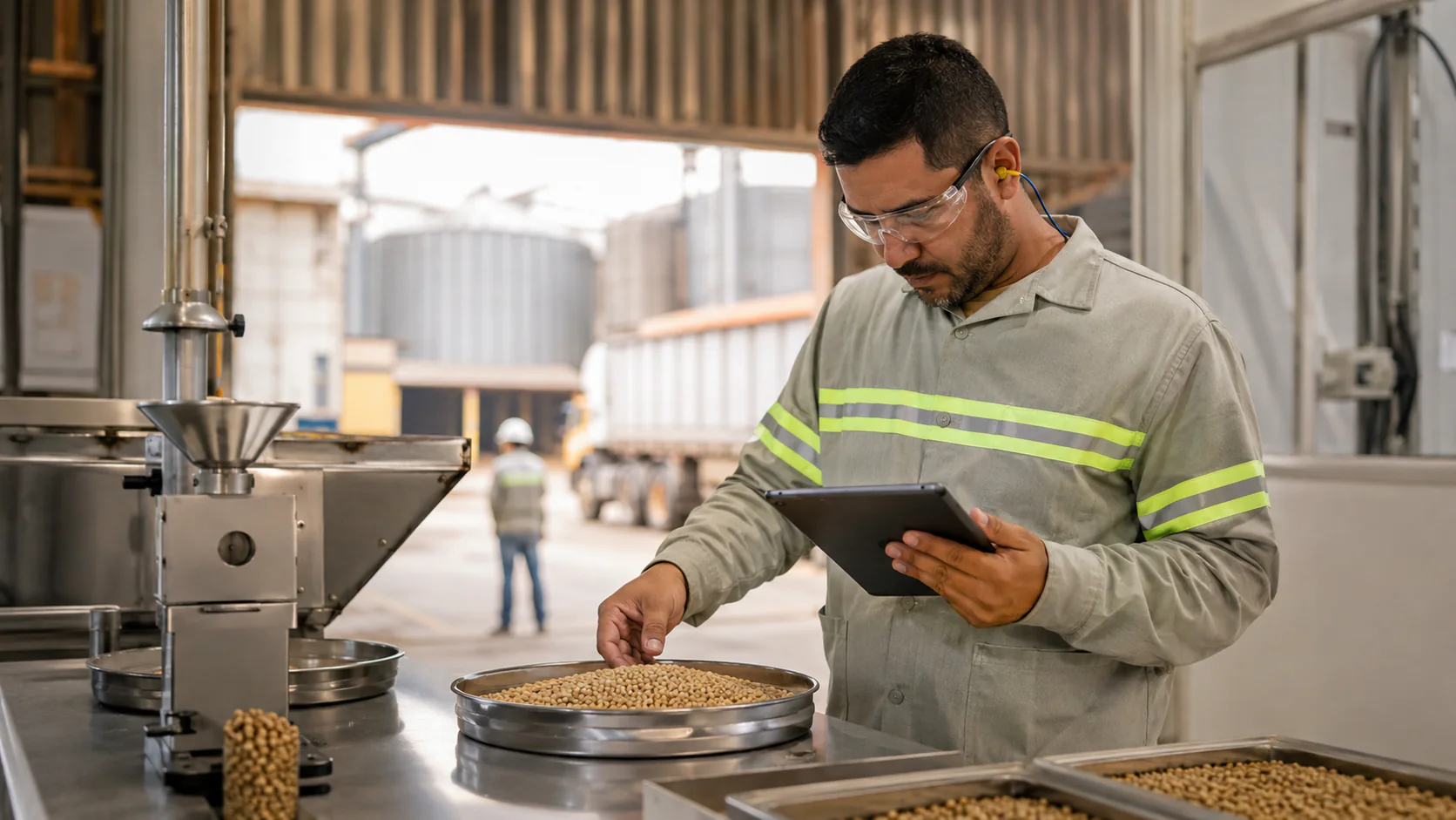 Técnico avaliando uma amostra de grãos com o apoio de um tablet